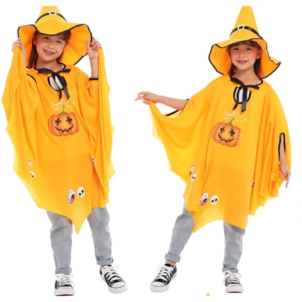 (Gul) Halloween Heksekappe til børn med hat - Hudvenlig, A