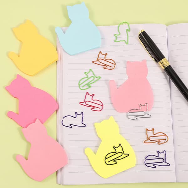 240 ark (8 blokke) katte-sticky notes, kreative katteformede papir-sticky notes med 12 tilfældige søde katte-papirclips