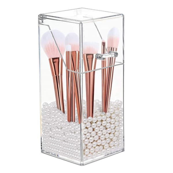 Makeupbørsteholder Organizer med låg og perle, Klar firkantet