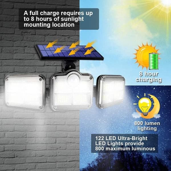 Udendørs solcellelamper med bevægelsessensor, 360° drejelige, IP65 vandtætte, 122 LED