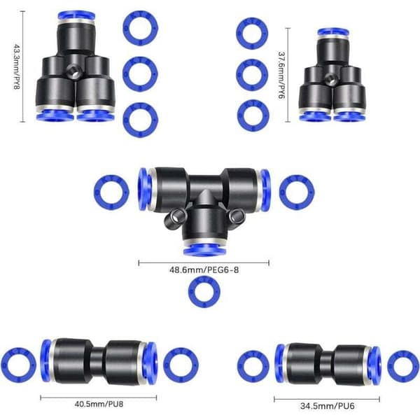42 st Pneumatiska Kopplingar T/ Y/ I Rak Typ Snabbkoppling Tryckluft 6mm/ 8mm Kompressorkoppling, med Låda..DEBUNS