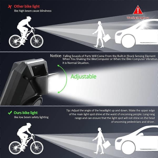 4-i-1 cykellygte med LCD-display speedometer og horn USB genopladelig cykelcomputer til O