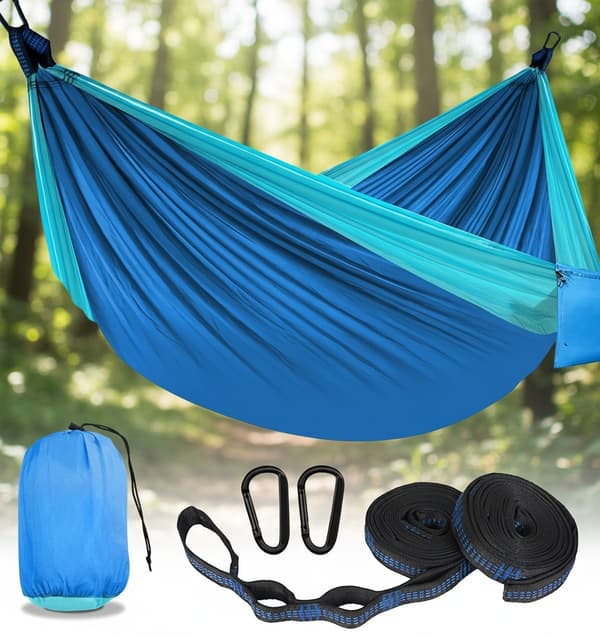 Outdoor Camping Hammock, Including Straps and Storage Bag, Light Blue and Royal Blue, Two-Tone, Nylon