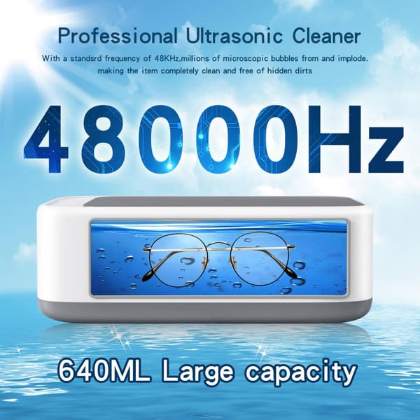 Bærbar ultralydsrenser 650ml 49000Hz for smykker, briller, klokker, ringer, sølvtøy, grått lokk