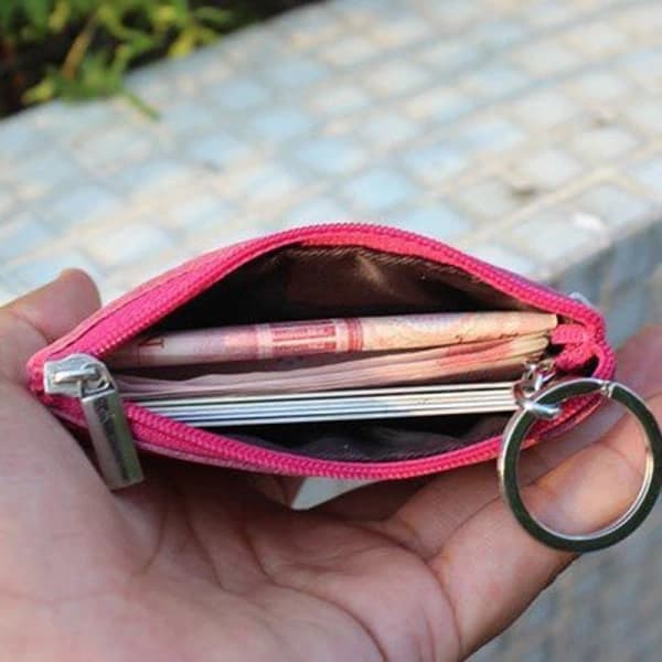 Leather Small Mini Wallet Card Holder Coin Purse with Keychain Black 10x7cm