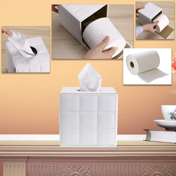 Tissue Box in PU Leather - Cube Shape - For Home, Office, Paper Holder, Napkin Holder, Desk Organizer (White Cube)