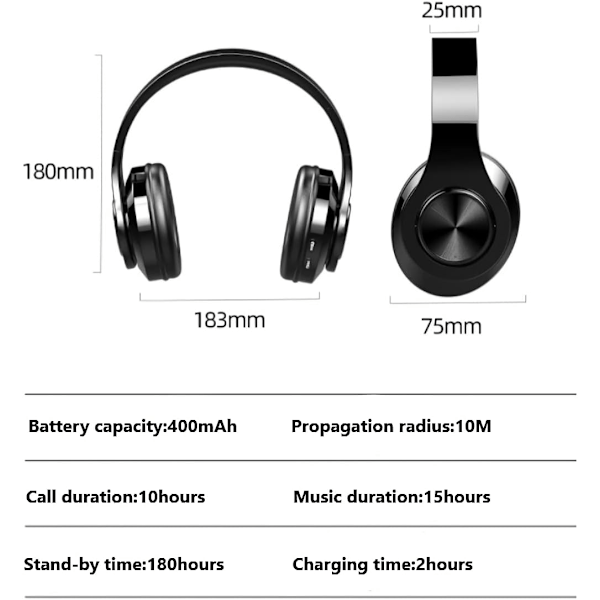 Trådlösa Bluetooth-hörlurar - Färgglada lampor/Hopfällbara/Stor batterikapacitet/Inbyggd mikrofon - Bluetooth 5.0/10 m Ren Svart