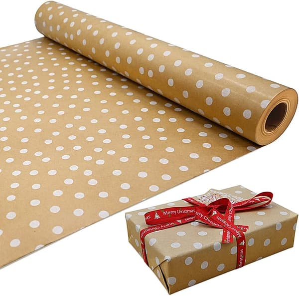 1 rull bursdagsgavepapir, 43cm x 15M kraftpapir trykt med hvite prikker, resirkulerbart gavepapir