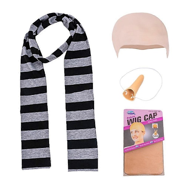 Yalisheng 4-pack Despicable Me Gru Cosplay-set med fejk-näsa, skallig peruk, Halloween-kostymtillbehör, svart och grå randig halsduk för vuxna