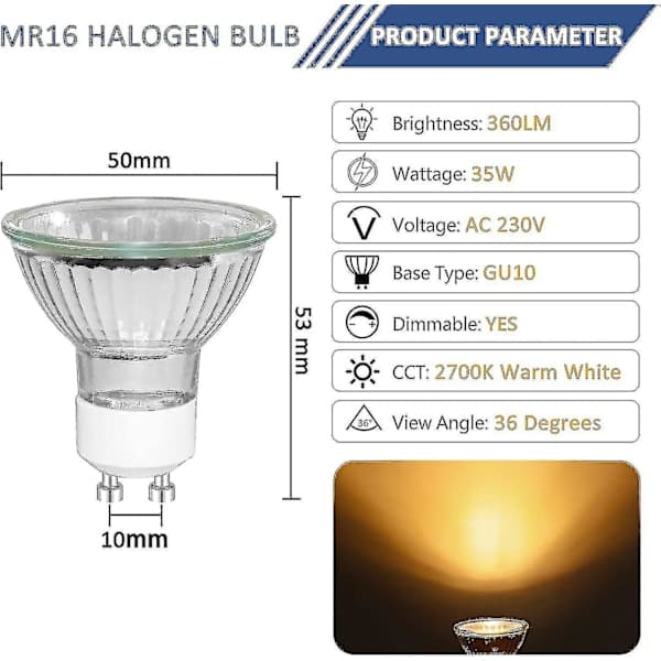 GU10 35W Halogen Reflektorlampe, Dæmpbar Spotlight, Varm Hvid 2700k Bedste Gave (hy)