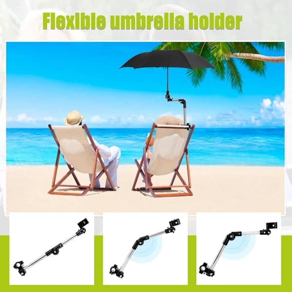 Paraplyholder til kørestol, 180° justerbar ABS og rustfrit stål klemmebeslag til barnevogn cykel strandstol, sort