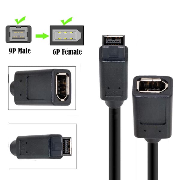 IEEE 1394 6-pin til 1394b 9-pin Firewire-adapter Holdbart kamerastik kabel (FMY)