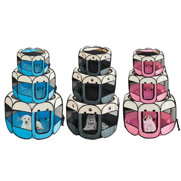 Sammenleggbart kjæledyrtelt 8 paneler nettingvalpehus hundehus - L 114x114x58cm - Rosa