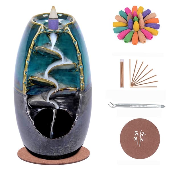 Ceramic Incense Holders Waterfall Incense Burner with 80 Backflow Incense Cones 30 Incense Sticks Blue Small Blue Small