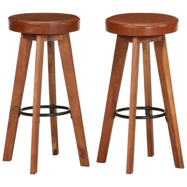 Maison Exclusive - Barstolar set om 2 i äkta läder och solid akaciaträ