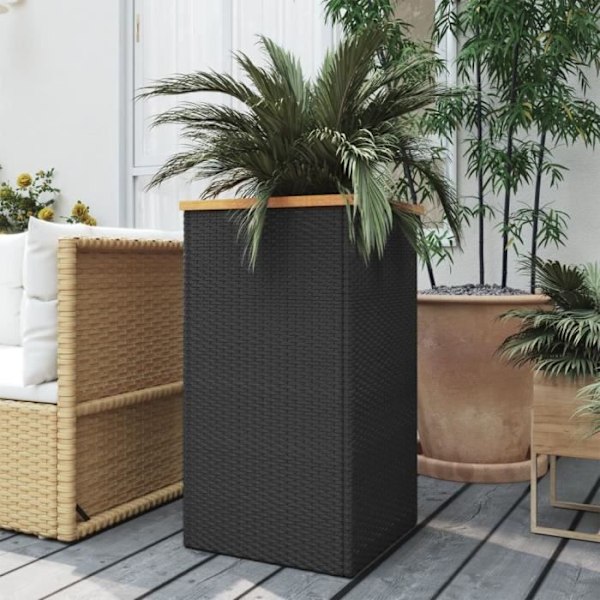 Jardinière - Sort - 40x40x80 cm - Fletvæv - Pulverlakeret stål - Massiv akacietræ Svart