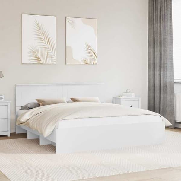 Sengestel - EKSKLUSIV HUS - 200 x 200 cm - Hvid - Ingeniørtræ - Integreret hovedgærde Vit