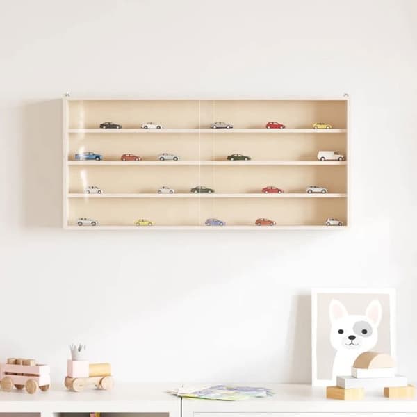 Vægdisplay - EKSKLUSIV HUS - 80x8,5x37 cm - Krydsfiner - 4 hylder - Glasdøre