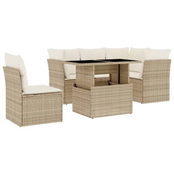 Havemøbler - EKSKLUSIVT HUS - 6 dele - Beige - Flettet harpiksmateriale - Justerbart bordplade beige