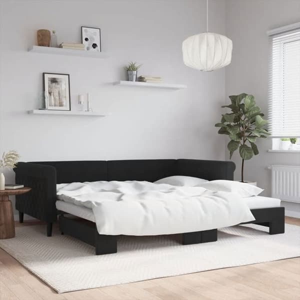 Sofa - EKSKLUSIV HUS - Sofa med udtræk - 100 x 200 cm - Sort velour - Lamelseng svart