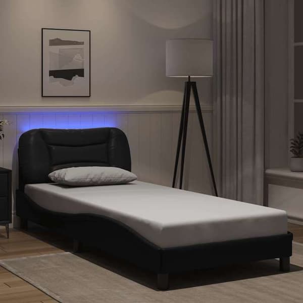 Sengestel - EKSKLUSIV HUS - Hvar - Sort kunstlæder - 80x200 cm - Indbygget LED Svart