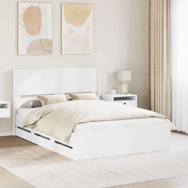 Sengestel - EKSKLUSIV HUS - 150 x 200 cm - Ingeniørtræ - Indbyggede opbevaringer - Hovedgærde Vit
