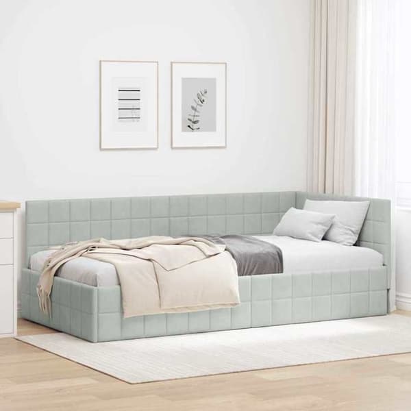 Sengestel - EKSKLUSIV HUS - Vinkelstel - Lys grå velour - 90x200 cm - Vendbar hovedgærde Ljusgrått
