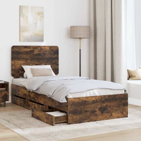 Maison Exclusive - Sängram med låda Rökt ek 75 x 190 cm Ingenjörsträ