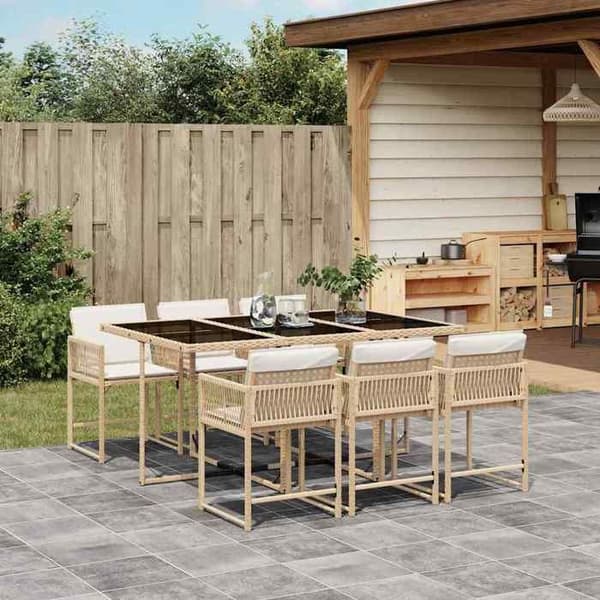 Havemøbel sæt - EKSKLUSIV HUS - 7 dele - Poly rattan beige - Glasbord - Sammenklappelige stole beige
