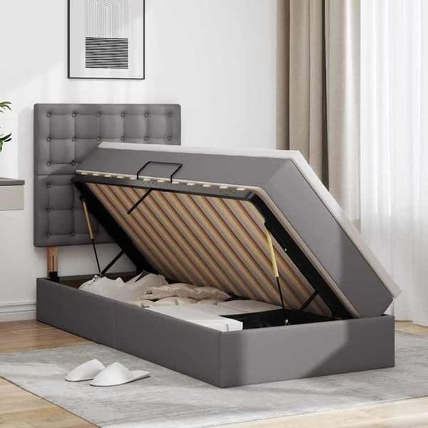 Sengestel med madras - EKSKLUSIV HUS - 90x200 cm - Hydraulisk opbevaring - LED RGB USB - Grå kunstlæder Grå