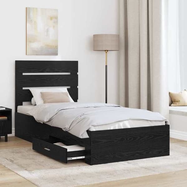 Sengestel - EKSKLUSIV HUS - 100 x 200 cm - Sort eg - Ingeniørtræ - Indbyggede skuffer svart ek
