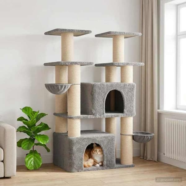 Kattetræ - EKSKLUSIVT HUS - 147 cm - Sisal søjler - Indbygget condo - Multi-platforme Ljusgrått