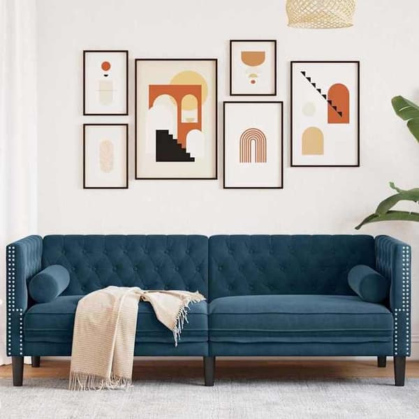 Sofa - EKSKLUSIVT HUS - Chesterfield - 3 pladser - Blå velour - Puder inkluderet Blå