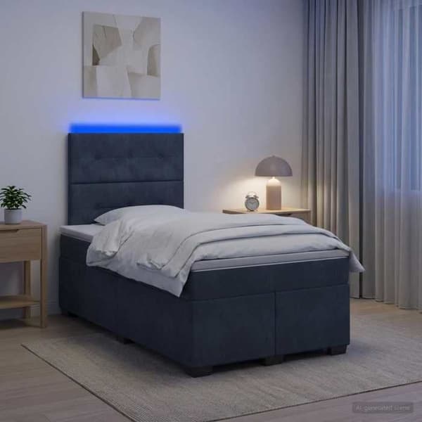 Sängram med madrass - EXKLUSIV HEM - Boxspring 120x200 - Mörkgrå sammet - Justerbar huvudgavel - LED USB Mörkgrå