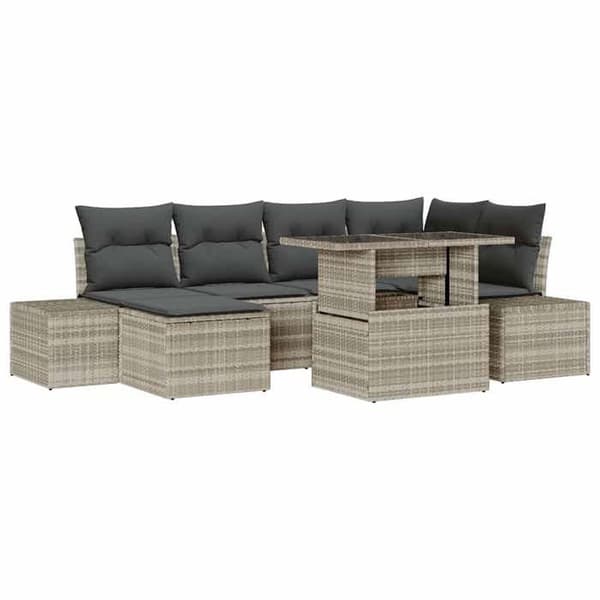 Trädgårdsmöbler - EXKLUSIVT HUS - 7-delars set - Ljusgrå - Poly rattan - Justerbart bord Ljusgrått