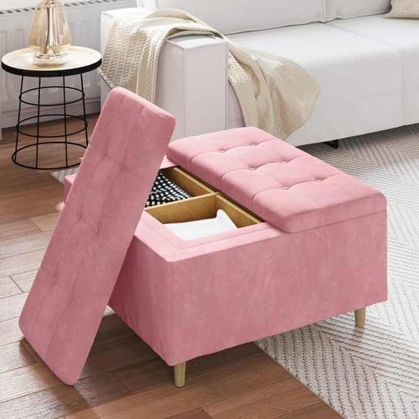 Puff förvaring - EXKLUSIV HEM - Sammet - Rosa - 80x80x45 cm - Knappt och dold förvaring Ros