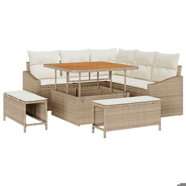 Trädgårdsoffmöbelset - EXKLUSIV HEM - 8-sits modulär - Beige - Poly rattan & akacia - Polyesterkuddar beige