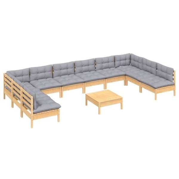 Maison Exclusive - Trädgårdsmöbler 11 delar med grå kuddar i solid furu Grå (kuddar)