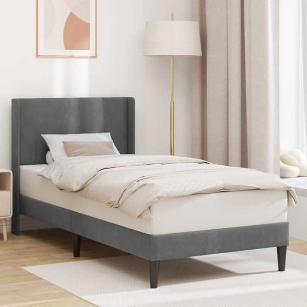 Sengestel - EKSKLUSIV HUS - 100 x 190 cm - Velour hovedgærde - Mørkegrå - Solid lamelbund Mörkgrå