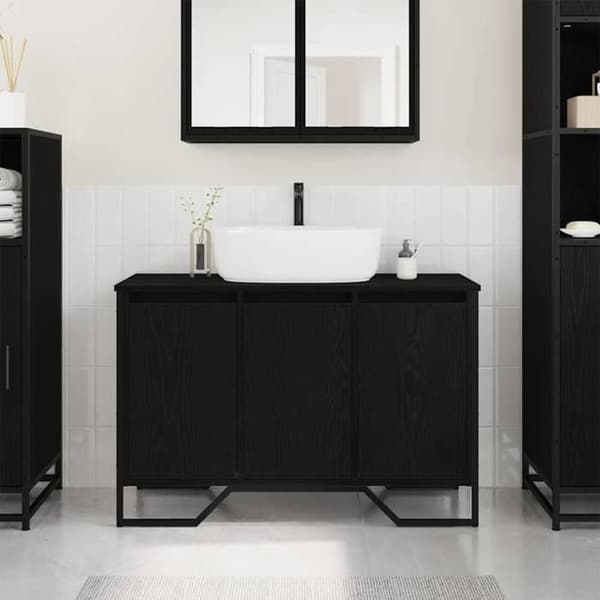 Under-vask skab - EKSKLUSIV HUS - Rektangulær - Sort eg - 91x35x60 cm - Sort stålramme, skuffer svart ek