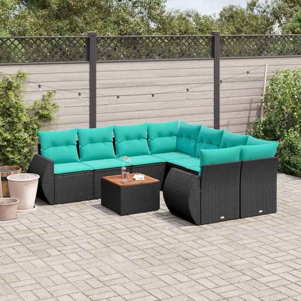 Maison Exclusive - 9-delars trädgårdsoff-set med svarta kuddar i flätad resin