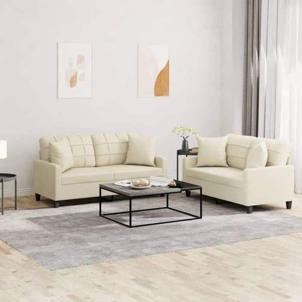 Maison Exclusive - Set med 2 soffor med kuddar i krämfärgad konstläder