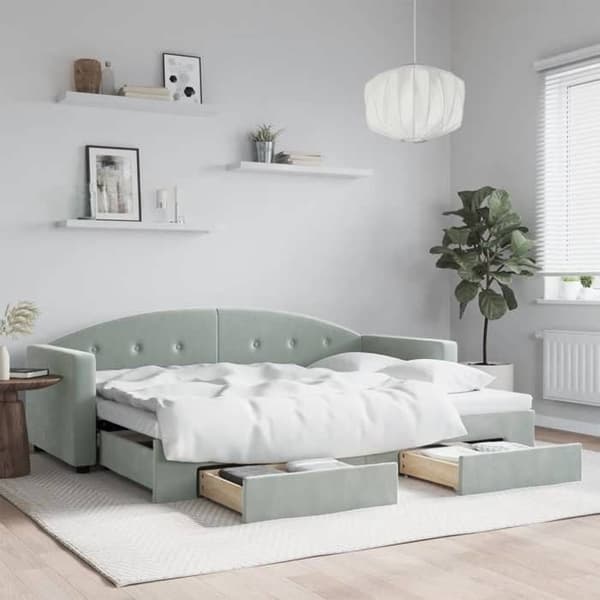 Päivävuode - EXCLUSIVE KOTI - 2-in-1 vuode - 80x200 cm - Harmaa sametti - 2 säilytyslaatikkoa