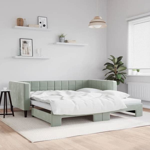 Sofa - EKSKLUSIV HUS - Sofa med udtræk - Lys grå velour - 100 x 200 cm - Lamelseng ljusgrått