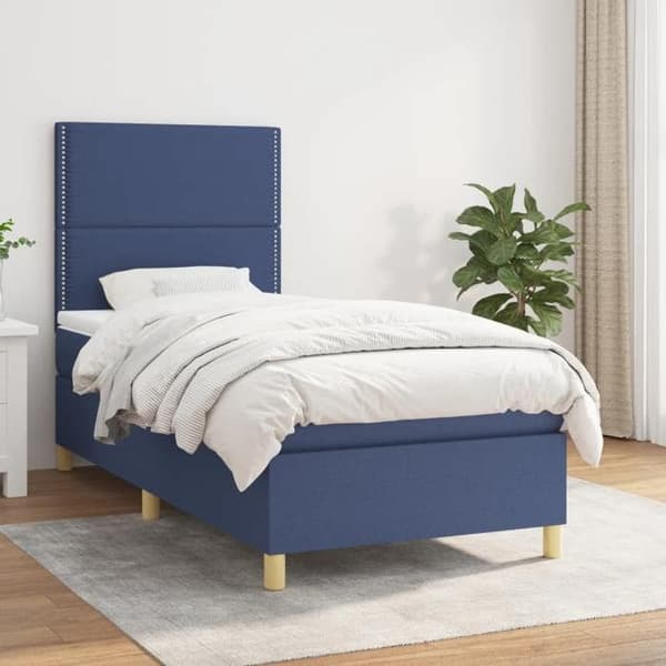 Maison Exclusive - Sengebund med lameller og madras Blå 90x190 cm Stof