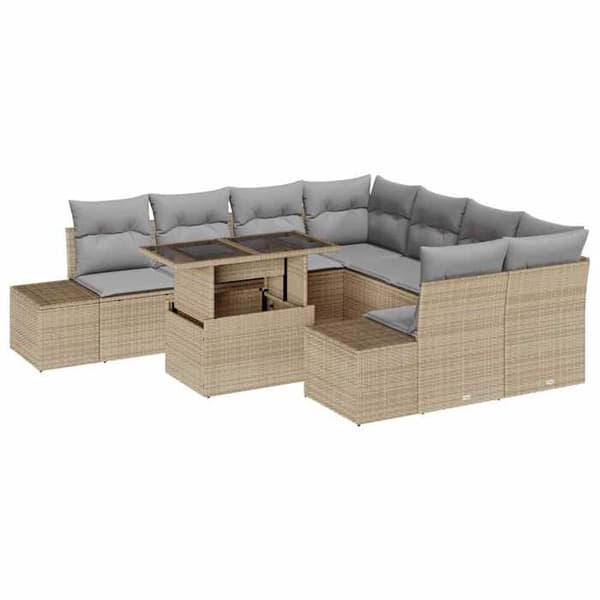 Maison Exclusive - 9 osan beige ja vaaleanharmaa polyrottinkinen puutarhakalustesetti