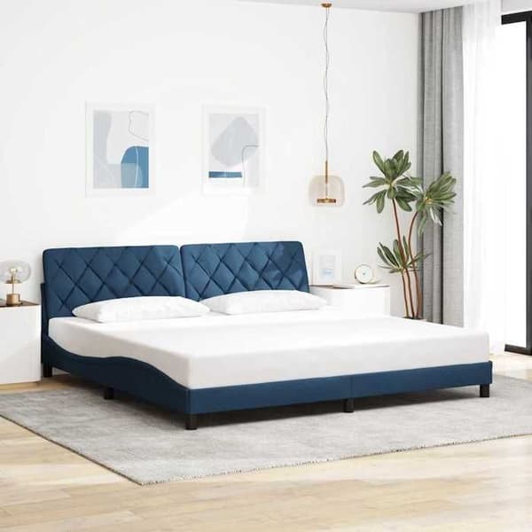 Sengestel - EKSKLUSIV HUS - 200 x 200 cm - Blå stof - Indbyggede LED - Lamelseng Blå
