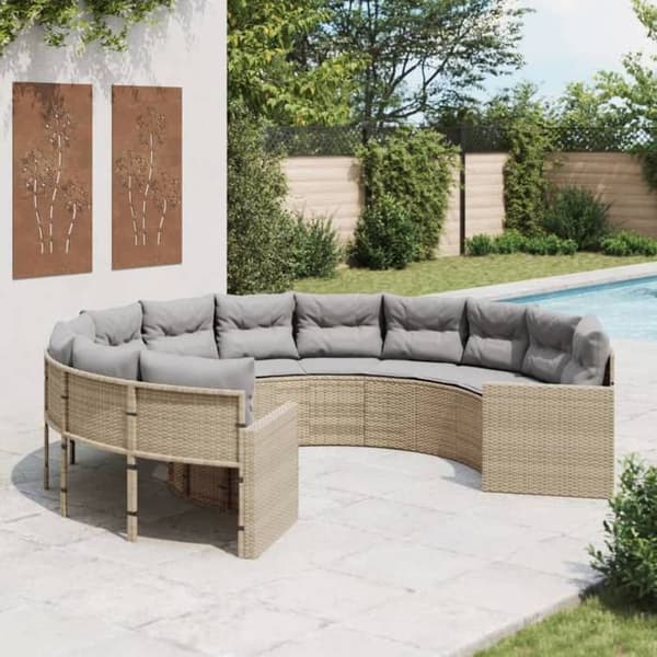 Trädgårdsoffa - EXKLUSIVT HUS - Rund soffa - Beige flätad resin - Avtagbara kuddar - Stålram beige