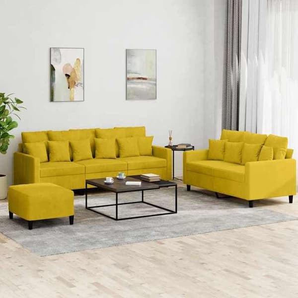 Maison Exclusive - 3 kpl:n sohvasetti, jossa keltaiset samettityynyt Gul