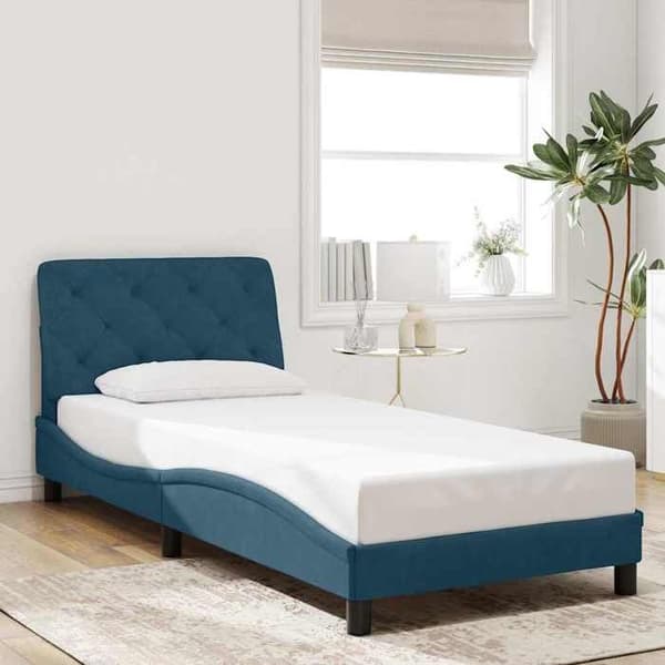 Sengestel - EKSKLUSIV HUS - 80 x 200 cm - Blå velour - Polstret hovedgærde - Lamelseng Blå